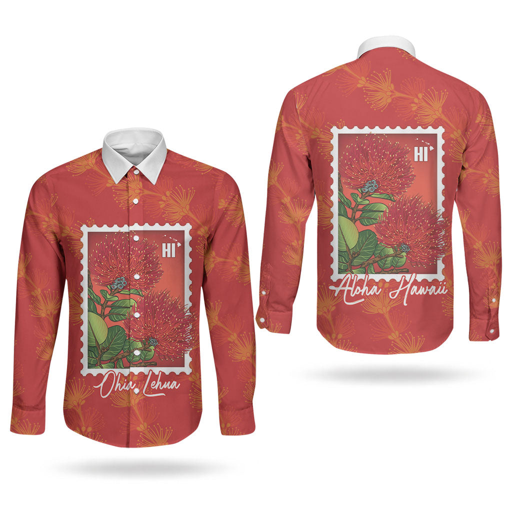 Aloha Hawaii Ohia Lehua Couples Matching Puletasi and Long Sleeve Button Shirt Hawaiian Lei Stylized Stamp LT14 - Polynesian Pride
