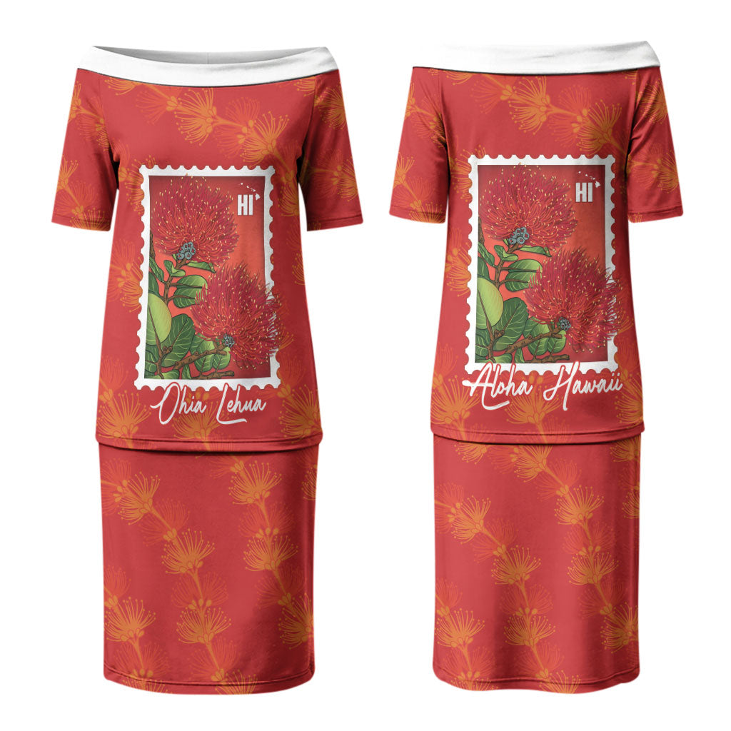 Aloha Hawaii Ohia Lehua Couples Matching Puletasi and Long Sleeve Button Shirt Hawaiian Lei Stylized Stamp LT14 - Polynesian Pride