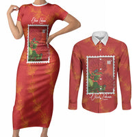 Aloha Hawaii Ohia Lehua Couples Matching Short Sleeve Bodycon Dress and Long Sleeve Button Shirt Hawaiian Lei Stylized Stamp LT14 Red - Polynesian Pride
