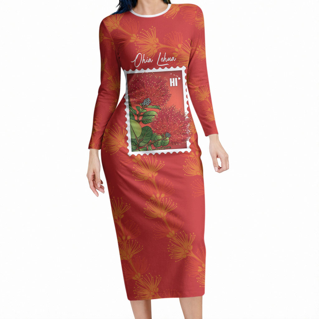 Aloha Hawaii Ohia Lehua Long Sleeve Bodycon Dress Hawaiian Lei Stylized Stamp LT14 Long Dress Red - Polynesian Pride