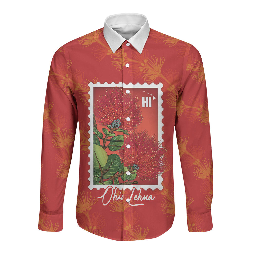 Aloha Hawaii Ohia Lehua Long Sleeve Button Shirt Hawaiian Lei Stylized Stamp LT14 Unisex Red - Polynesian Pride