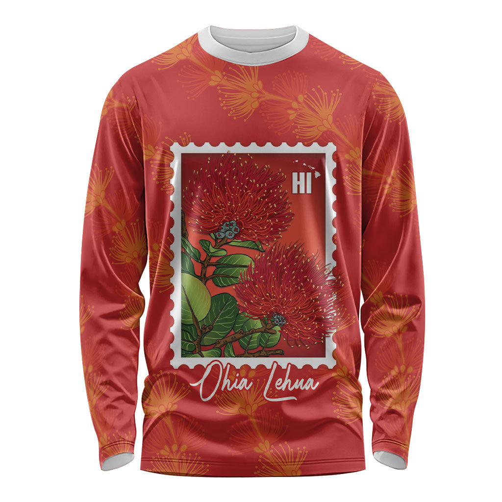 Aloha Hawaii Ohia Lehua Long Sleeve Shirt Hawaiian Lei Stylized Stamp LT14 Unisex Red - Polynesian Pride