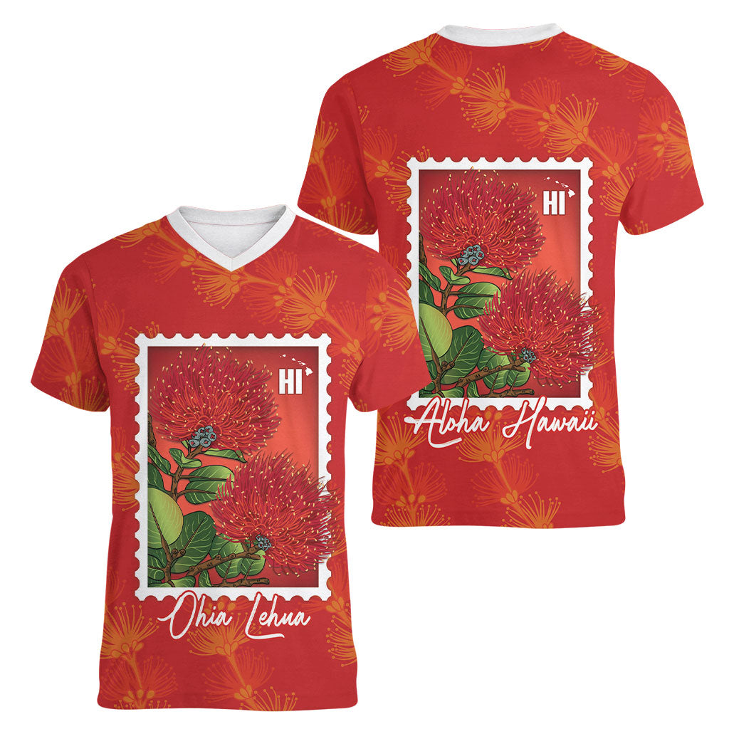 Aloha Hawaii Ohia Lehua Women V-Neck T-Shirt Hawaiian Lei Stylized Stamp LT14 - Polynesian Pride