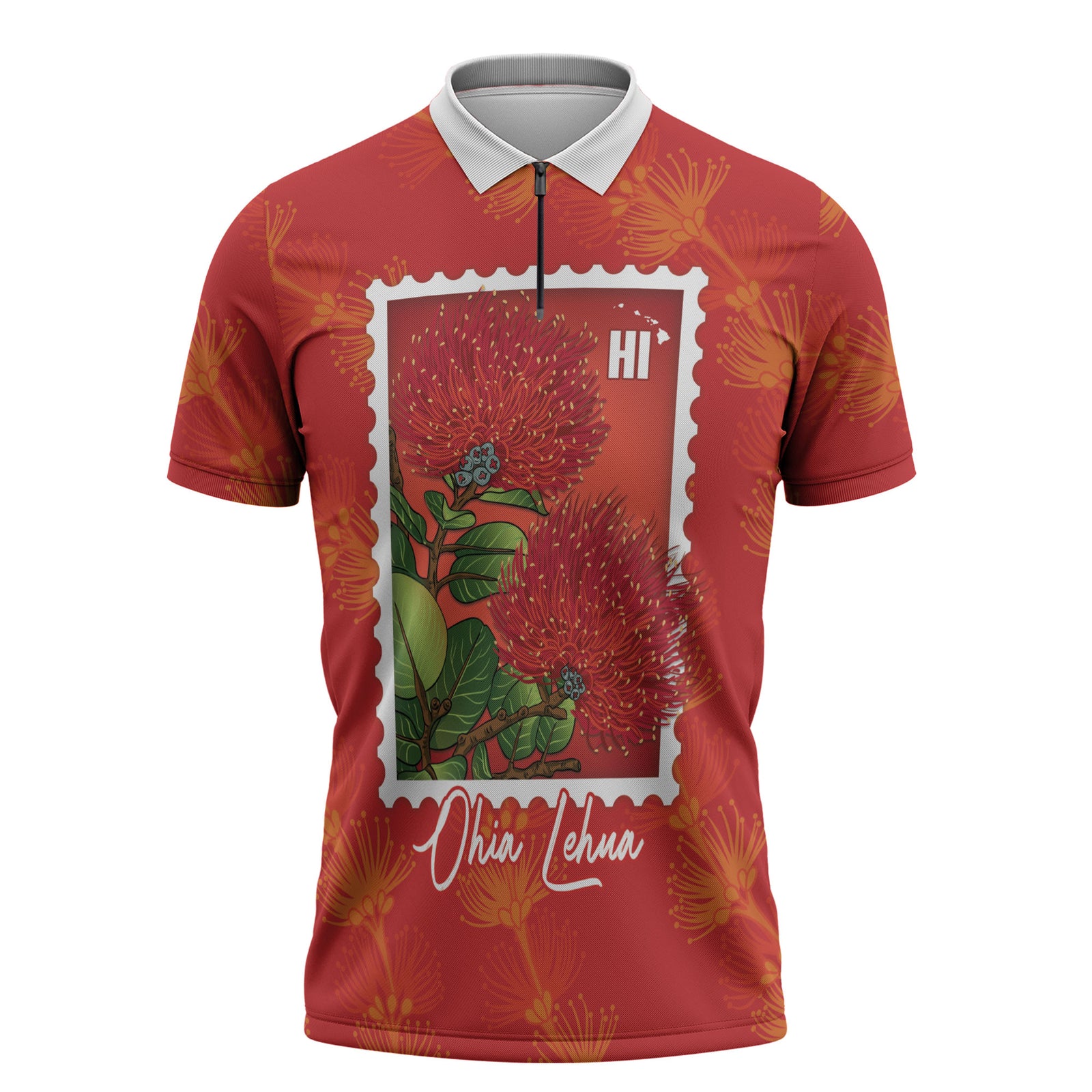 Aloha Hawaii Ohia Lehua Zipper Polo Shirt Hawaiian Lei Stylized Stamp LT14 Red - Polynesian Pride