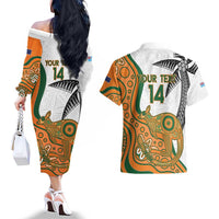 Custom Fiji And Australia Rugby Couples Matching Off The Shoulder Long Sleeve Dress and Hawaiian Shirt Fijian Palm Tree Mix Aussie Kangaroo