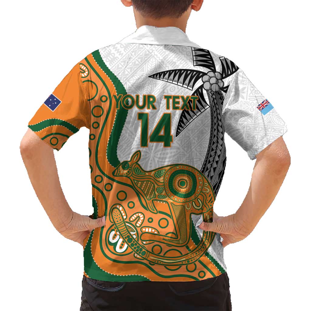 Custom Fiji And Australia Rugby Family Matching Long Sleeve Bodycon Dress and Hawaiian Shirt Fijian Palm Tree Mix Aussie Kangaroo