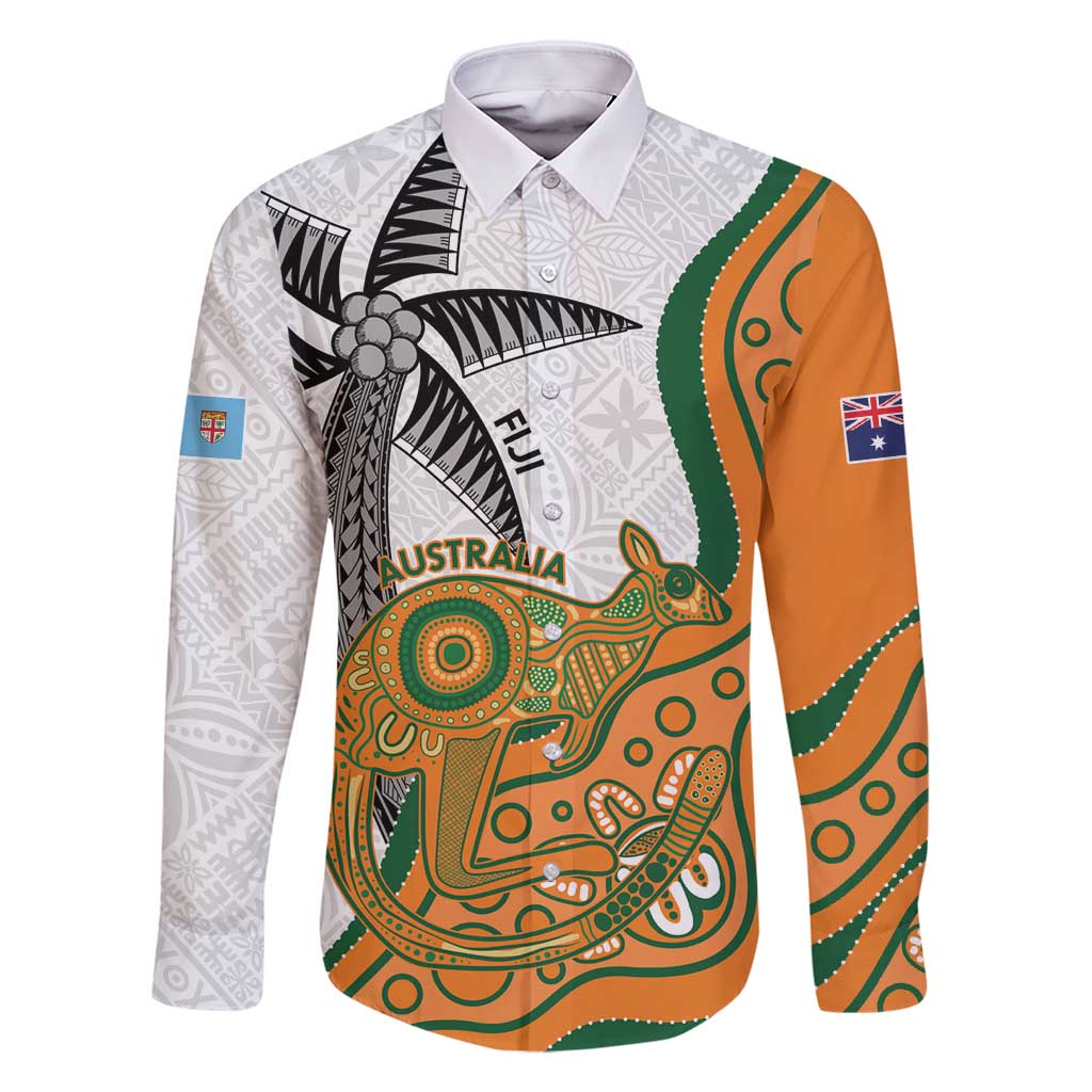 Custom Fiji And Australia Rugby Family Matching Long Sleeve Bodycon Dress and Hawaiian Shirt Fijian Palm Tree Mix Aussie Kangaroo