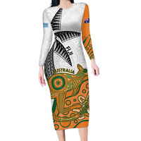 Custom Fiji And Australia Rugby Family Matching Long Sleeve Bodycon Dress and Hawaiian Shirt Fijian Palm Tree Mix Aussie Kangaroo