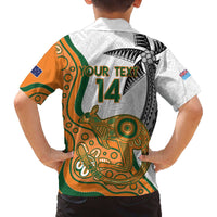 Custom Fiji And Australia Rugby Family Matching Off The Shoulder Long Sleeve Dress and Hawaiian Shirt Fijian Palm Tree Mix Aussie Kangaroo