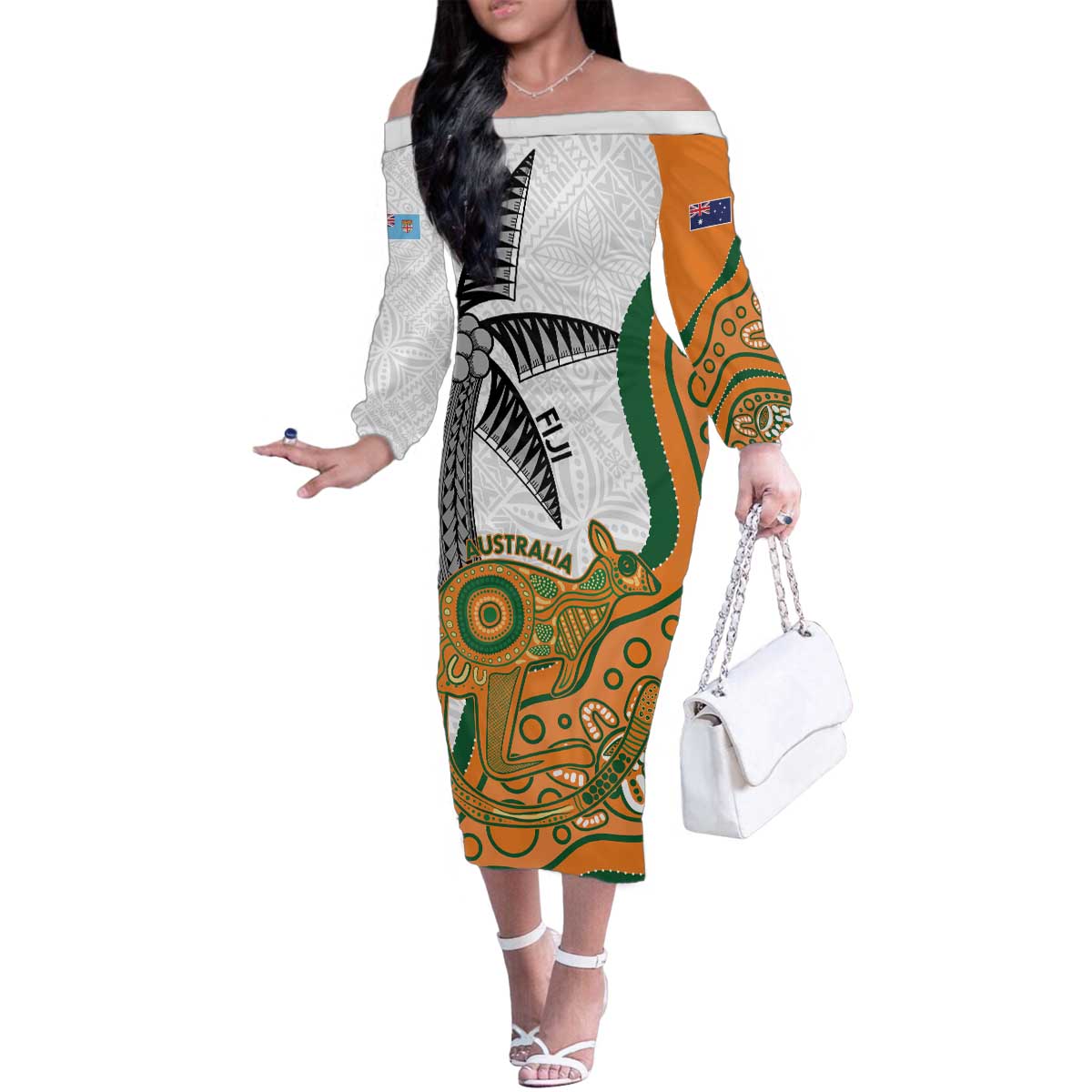 Custom Fiji And Australia Rugby Family Matching Off The Shoulder Long Sleeve Dress and Hawaiian Shirt Fijian Palm Tree Mix Aussie Kangaroo