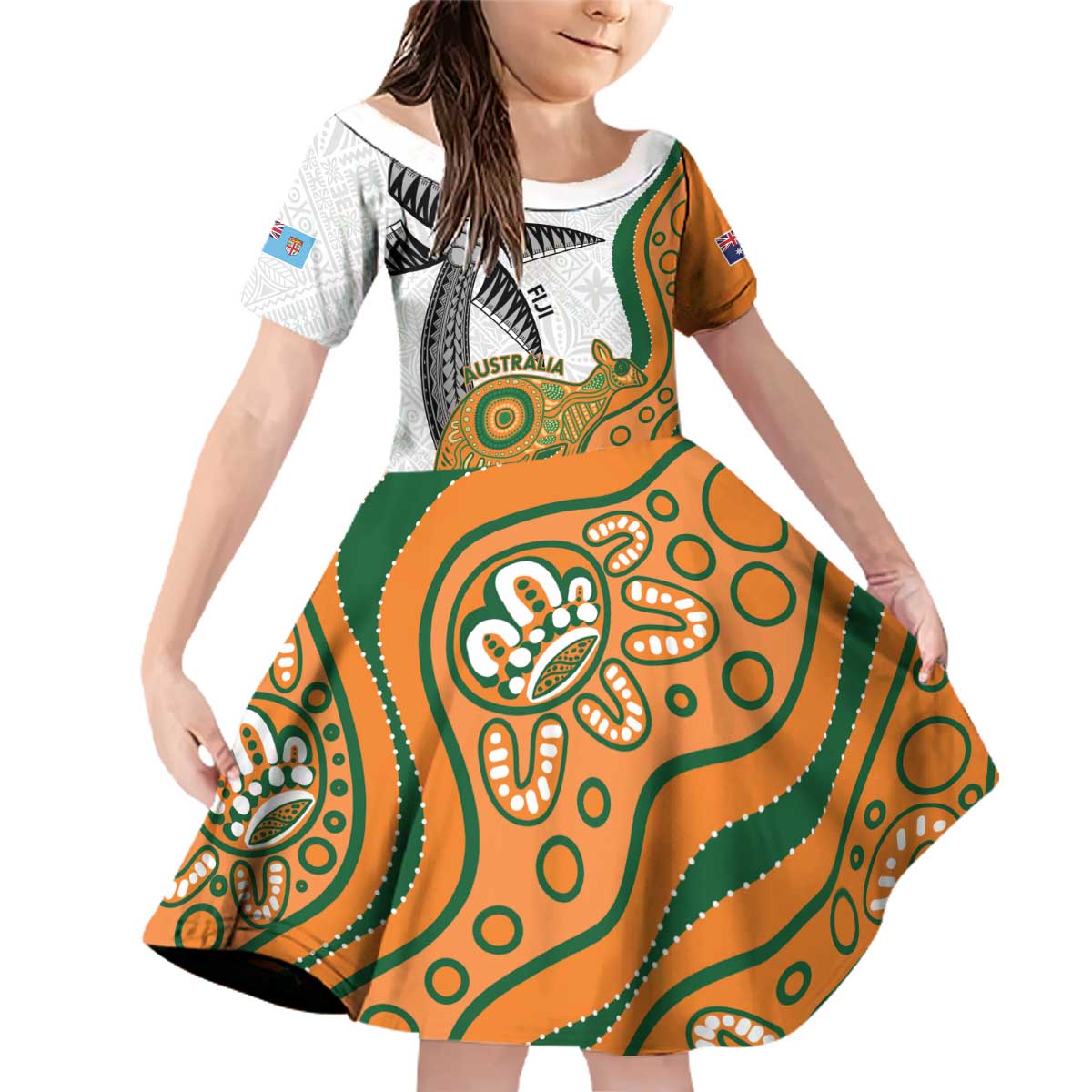 Custom Fiji And Australia Rugby Family Matching Off Shoulder Short Dress and Hawaiian Shirt Fijian Palm Tree Mix Aussie Kangaroo