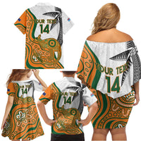 Custom Fiji And Australia Rugby Family Matching Off Shoulder Short Dress and Hawaiian Shirt Fijian Palm Tree Mix Aussie Kangaroo