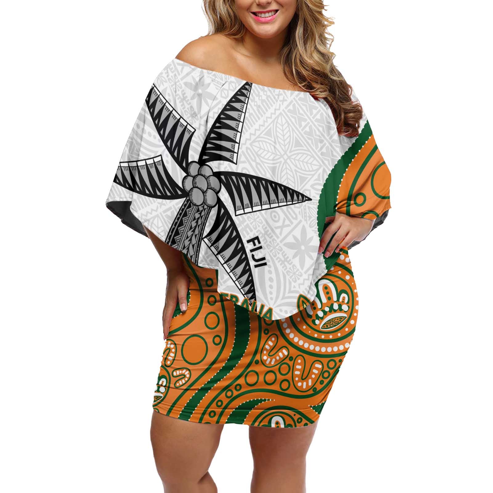 Custom Fiji And Australia Rugby Off Shoulder Short Dress Fijian Palm Tree Mix Aussie Kangaroo