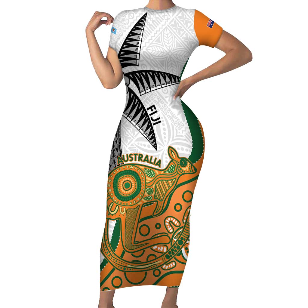 Custom Fiji And Australia Rugby Short Sleeve Bodycon Dress Fijian Palm Tree Mix Aussie Kangaroo