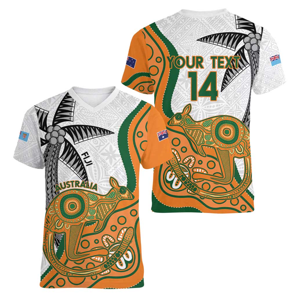 Custom Fiji And Australia Rugby Women V-Neck T-Shirt Fijian Palm Tree Mix Aussie Kangaroo LT14 - Polynesian Pride