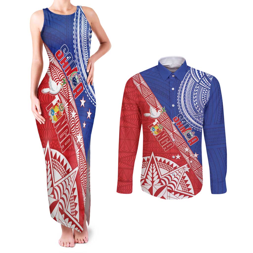 Tonga and Samoa Rugby Custom Couples Matching Tank Maxi Dress and Long Sleeve Button Shirt Ikale Tahi Manu Samoa Together - Polynesian Pride