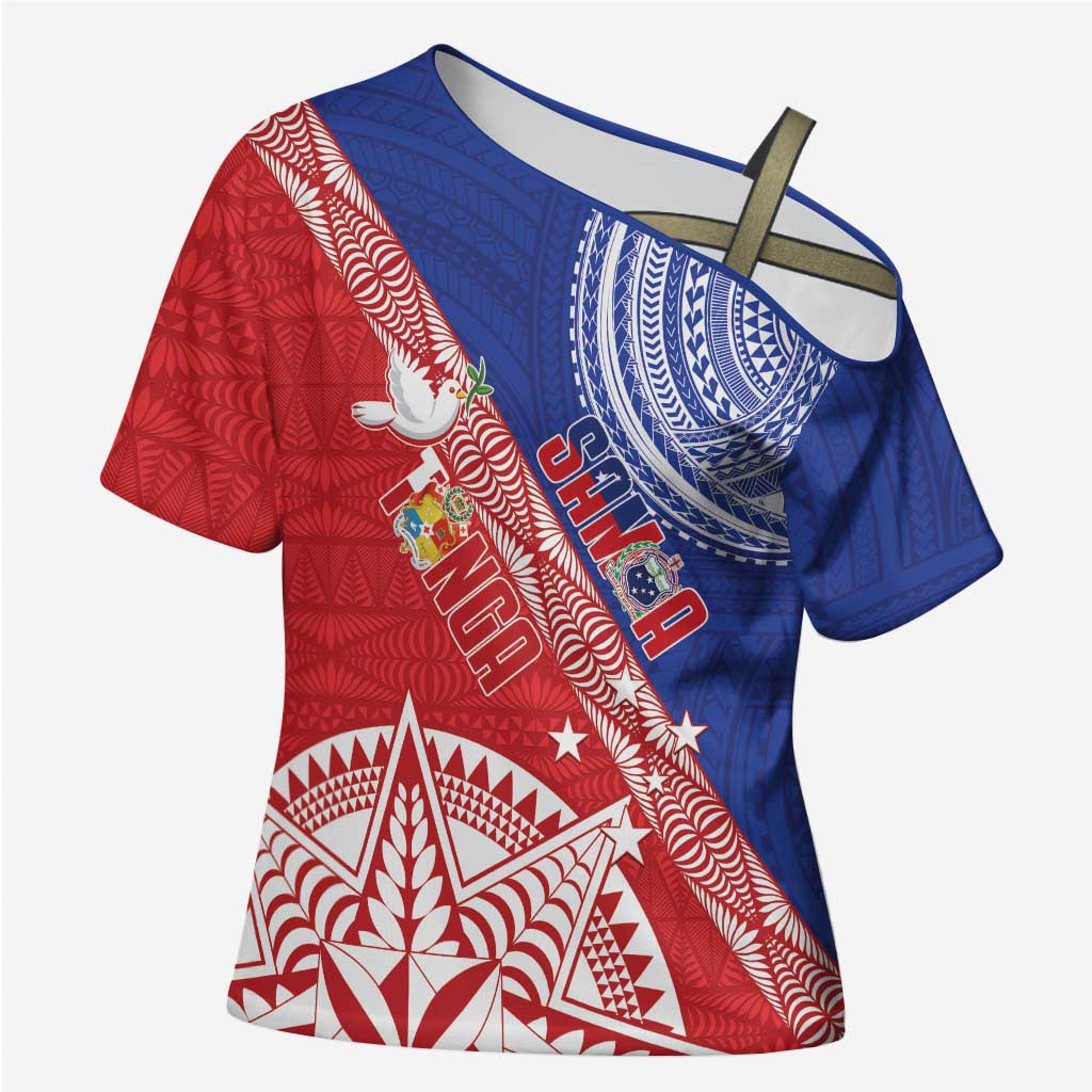 Tonga and Samoa Rugby Custom Cross Shoulder Shirt Ikale Tahi Manu Samoa Together - Polynesian Pride