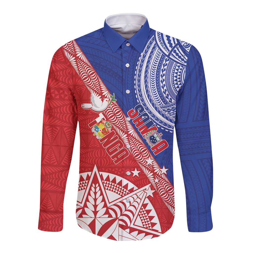 Tonga and Samoa Rugby Custom Long Sleeve Button Shirt Ikale Tahi Manu Samoa Together - Polynesian Pride