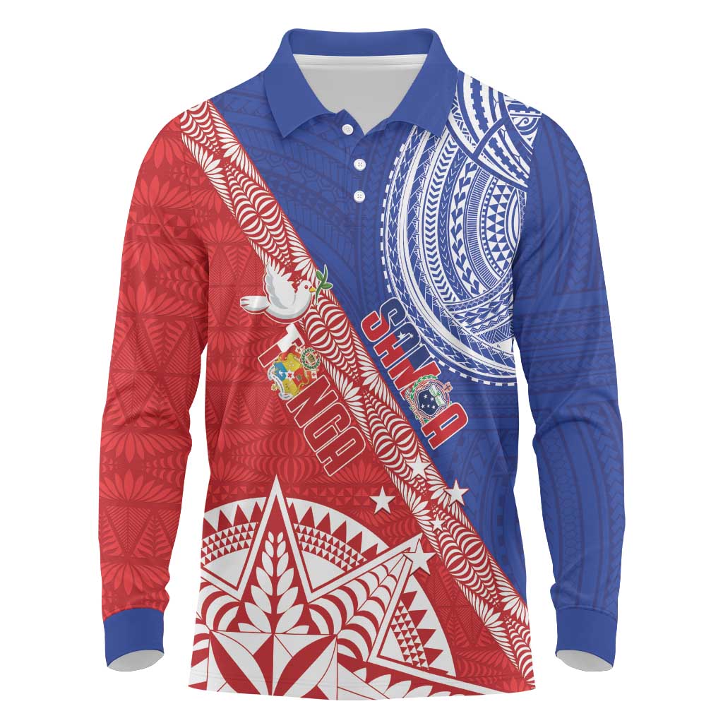 Tonga and Samoa Rugby Custom Long Sleeve Polo Shirt Ikale Tahi Manu Samoa Together LT14 Red - Polynesian Pride