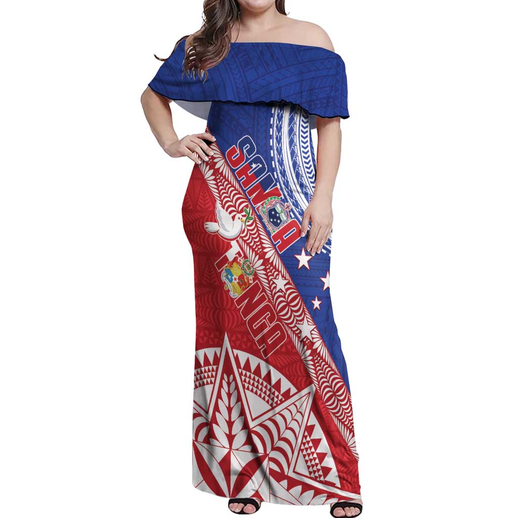 Tonga and Samoa Rugby Custom Off Shoulder Maxi Dress Ikale Tahi Manu Samoa Together LT14 Women Red - Polynesian Pride