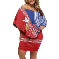 Tonga and Samoa Rugby Custom Off Shoulder Short Dress Ikale Tahi Manu Samoa Together LT14 Women Red - Polynesian Pride