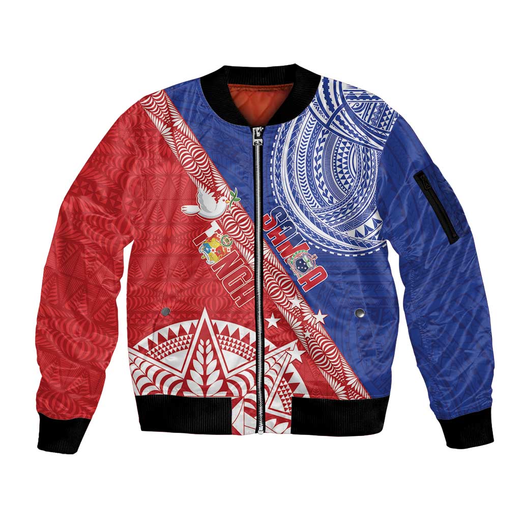 Tonga and Samoa Rugby Custom Sleeve Zip Bomber Jacket Ikale Tahi Manu Samoa Together LT14 Unisex Red - Polynesian Pride