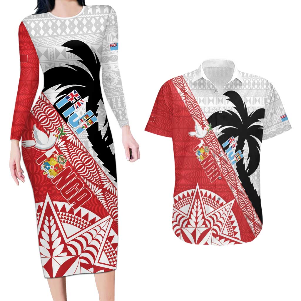 Fiji and Tonga Rugby Custom Couples Matching Long Sleeve Bodycon Dress and Hawaiian Shirt Flying Fijians Ikale Tahi Together Pacific - Polynesian Pride