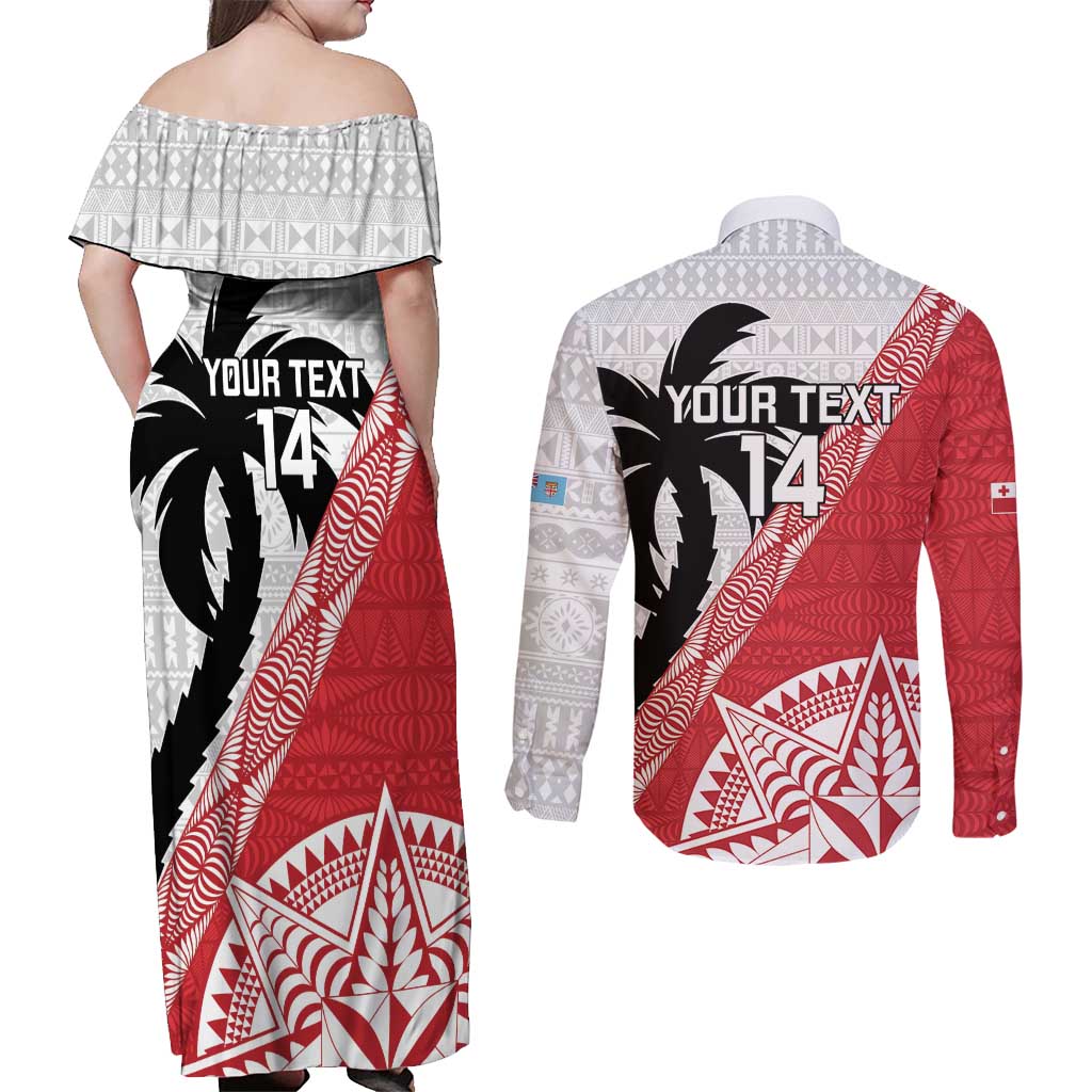 Fiji and Tonga Rugby Custom Couples Matching Off Shoulder Maxi Dress and Long Sleeve Button Shirt Flying Fijians Ikale Tahi Together Pacific - Polynesian Pride
