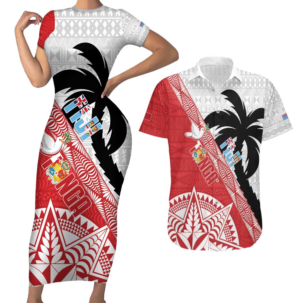 Fiji and Tonga Rugby Custom Couples Matching Short Sleeve Bodycon Dress and Hawaiian Shirt Flying Fijians Ikale Tahi Together Pacific - Polynesian Pride