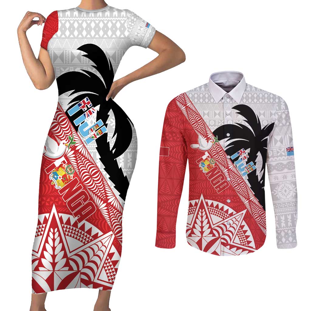 Fiji and Tonga Rugby Custom Couples Matching Short Sleeve Bodycon Dress and Long Sleeve Button Shirt Flying Fijians Ikale Tahi Together Pacific - Polynesian Pride