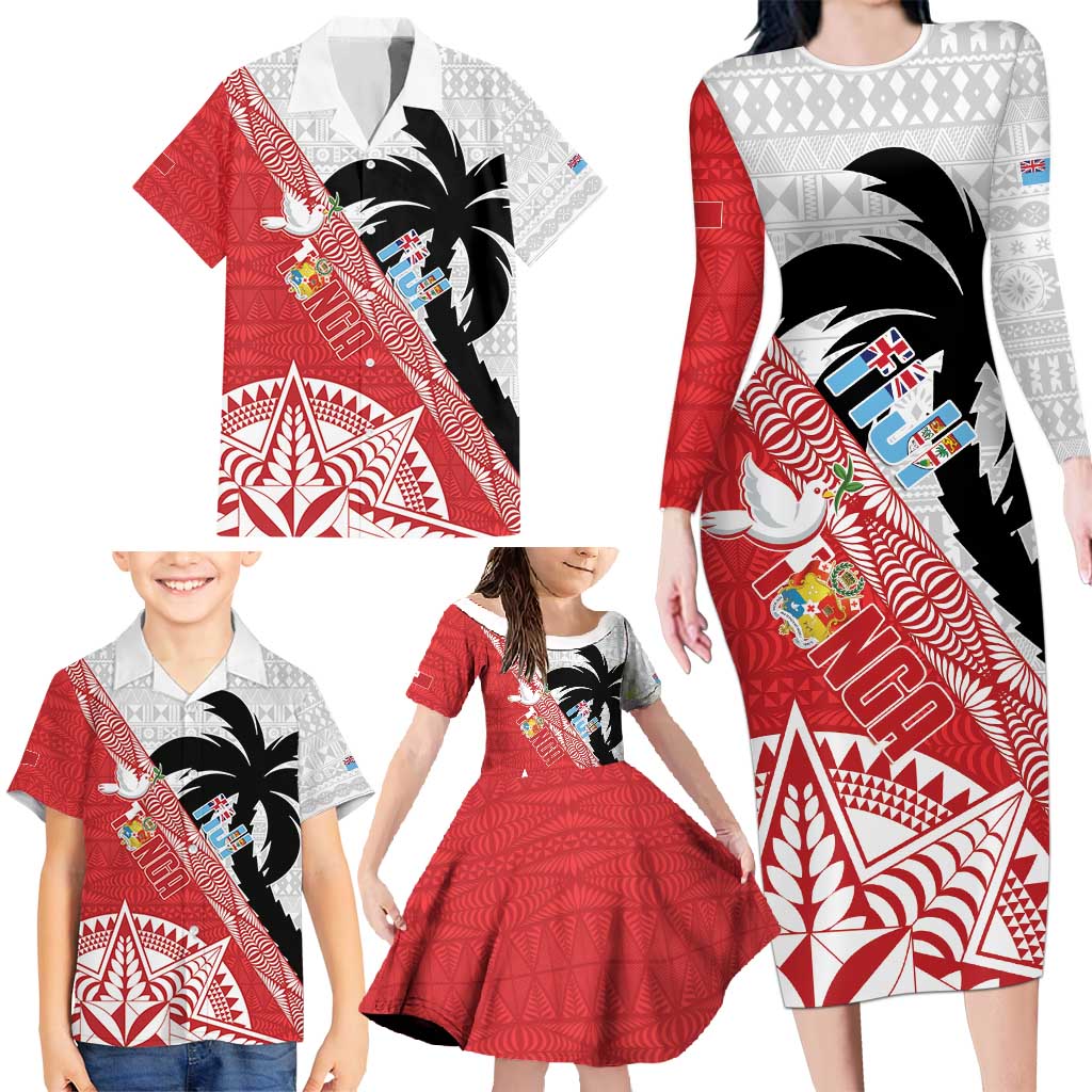 Fiji and Tonga Rugby Custom Family Matching Long Sleeve Bodycon Dress and Hawaiian Shirt Flying Fijians Ikale Tahi Together Pacific - Polynesian Pride