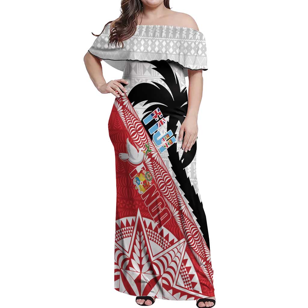 Fiji and Tonga Rugby Custom Off Shoulder Maxi Dress Flying Fijians Ikale Tahi Together Pacific LT14 Women Red - Polynesian Pride