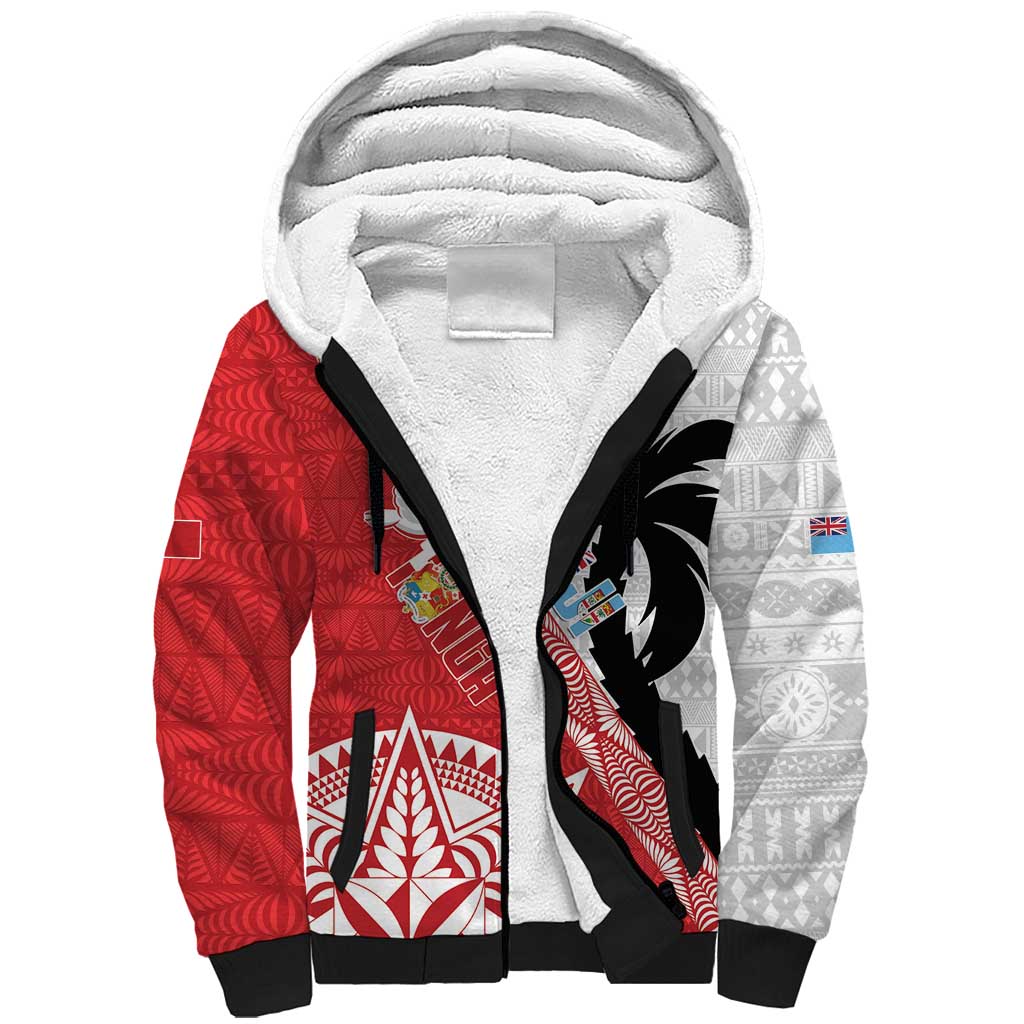 Fiji and Tonga Rugby Custom Sherpa Hoodie Flying Fijians Ikale Tahi Together Pacific LT14 Unisex Red - Polynesian Pride