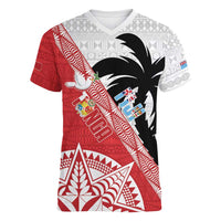 Fiji and Tonga Rugby Custom Women V-Neck T-Shirt Flying Fijians Ikale Tahi Together Pacific LT14 Female Red - Polynesian Pride