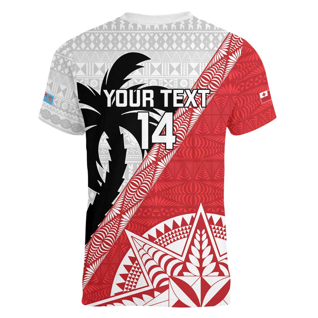 Fiji and Tonga Rugby Custom Women V-Neck T-Shirt Flying Fijians Ikale Tahi Together Pacific LT14 - Polynesian Pride