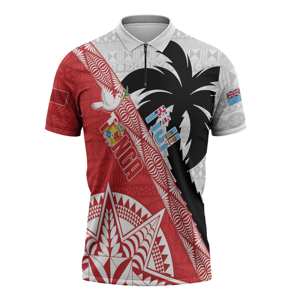 Fiji and Tonga Rugby Custom Zipper Polo Shirt Flying Fijians Ikale Tahi Together Pacific LT14 Red - Polynesian Pride