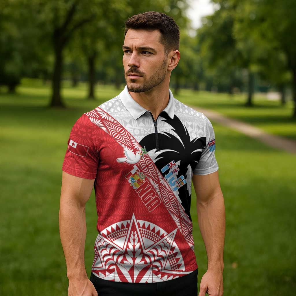 Fiji and Tonga Rugby Custom Zipper Polo Shirt Flying Fijians Ikale Tahi Together Pacific LT14 - Polynesian Pride