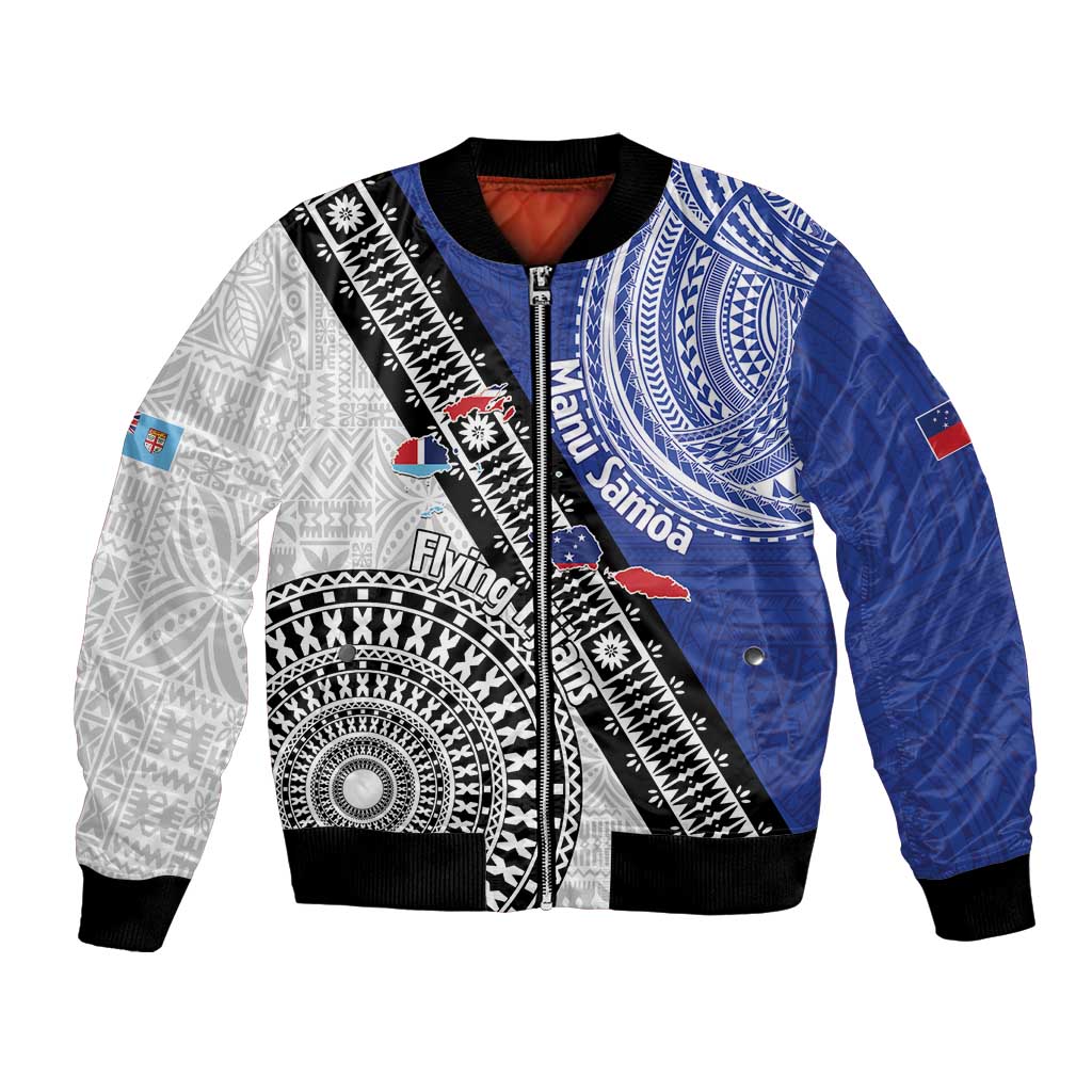 Fiji an Samoa Rugby Custom Bomber Jacket Flying Fijians Manu Samoa Together Pacific LT14 Unisex Blue - Polynesian Pride