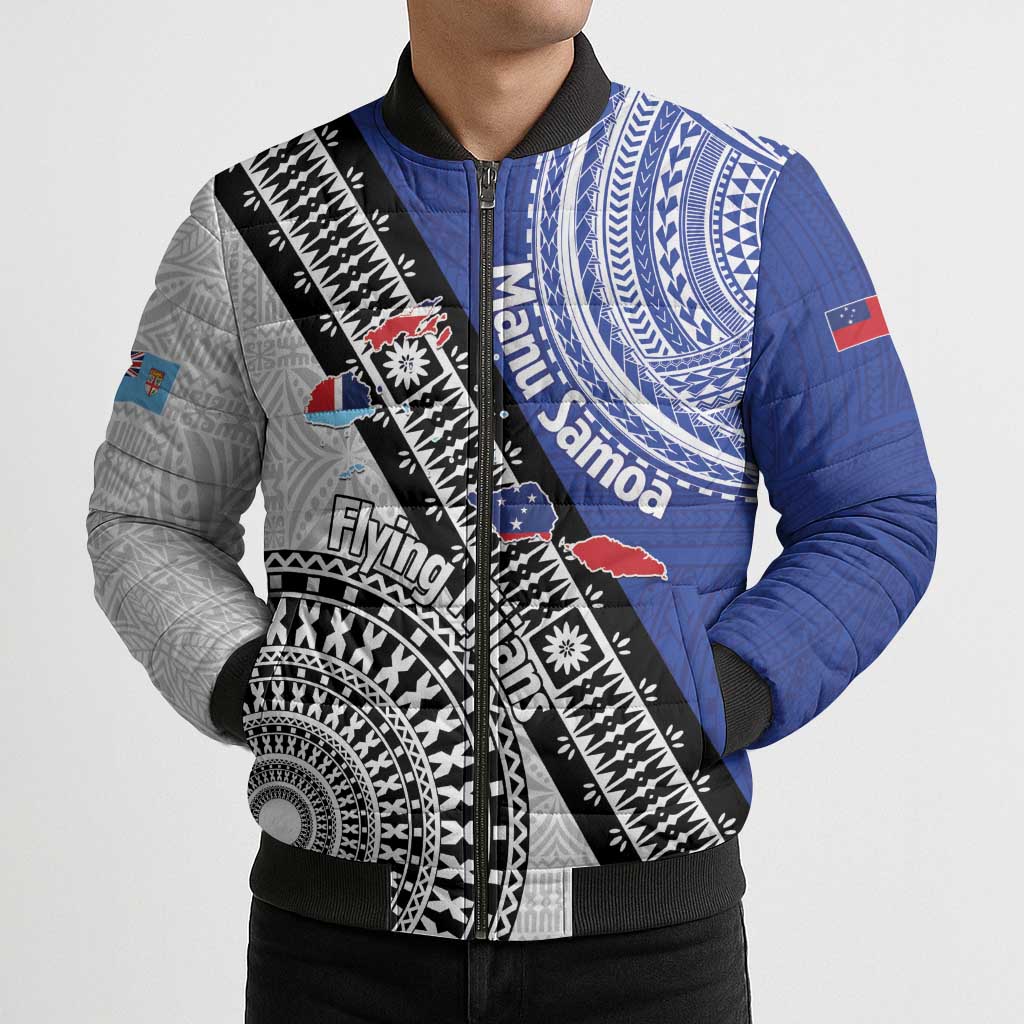 Fiji an Samoa Rugby Custom Bomber Puffer Jacket Flying Fijians Manu Samoa Together Pacific - Polynesian Pride