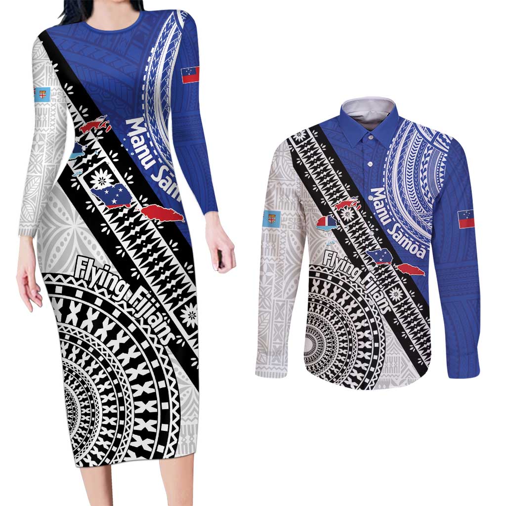 Fiji an Samoa Rugby Custom Couples Matching Long Sleeve Bodycon Dress and Long Sleeve Button Shirt Flying Fijians Manu Samoa Together Pacific - Polynesian Pride