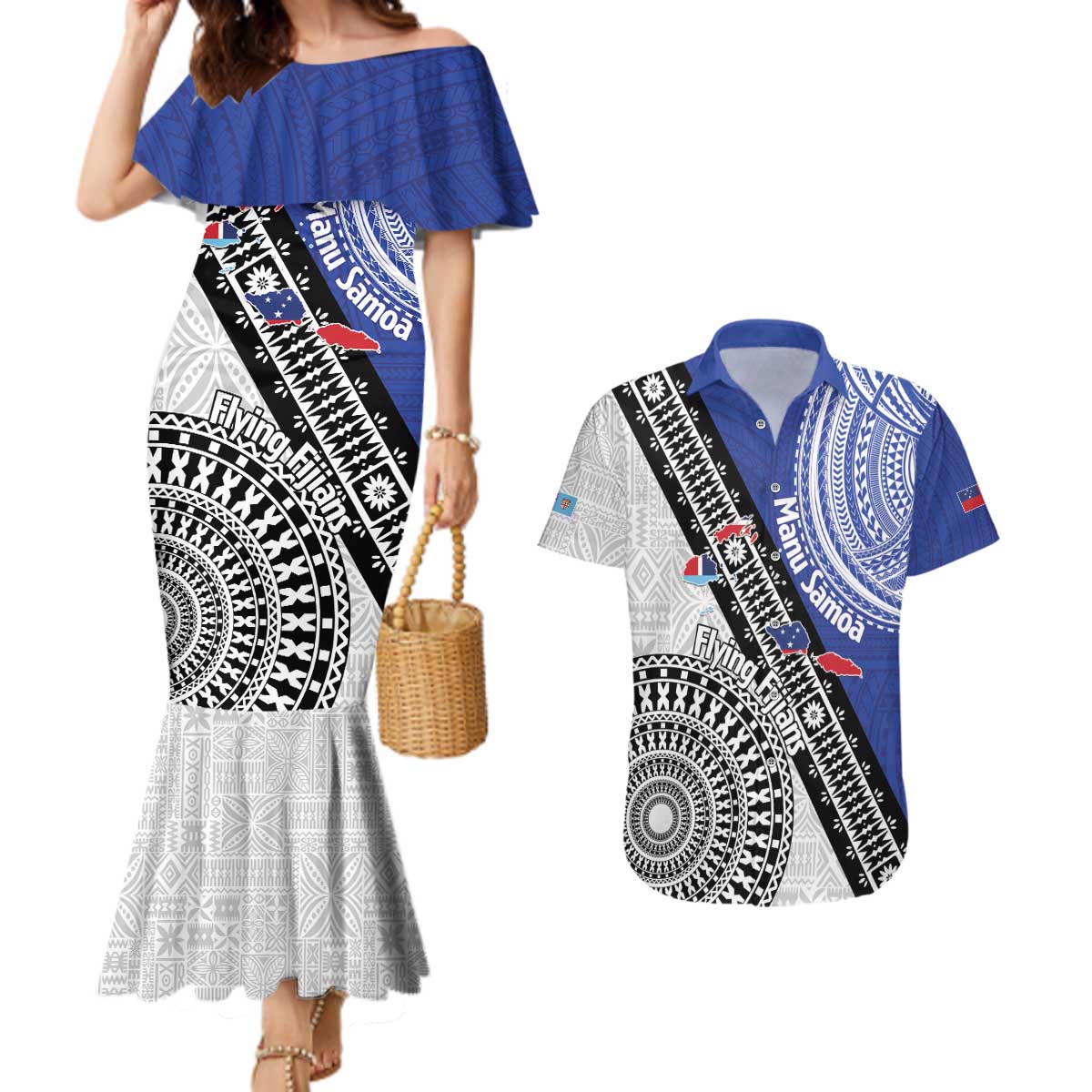 Fiji an Samoa Rugby Custom Couples Matching Mermaid Dress and Hawaiian Shirt Flying Fijians Manu Samoa Together Pacific - Polynesian Pride