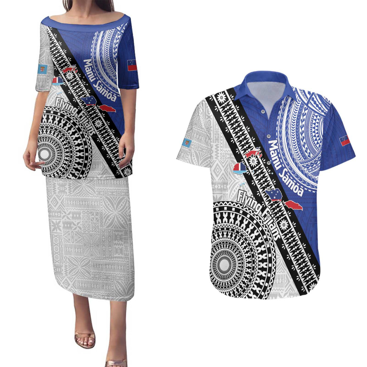 Fiji an Samoa Rugby Custom Couples Matching Puletasi and Hawaiian Shirt Flying Fijians Manu Samoa Together Pacific - Polynesian Pride