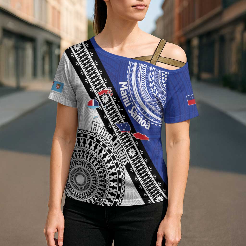 Fiji an Samoa Rugby Custom Cross Shoulder Shirt Flying Fijians Manu Samoa Together Pacific - Polynesian Pride