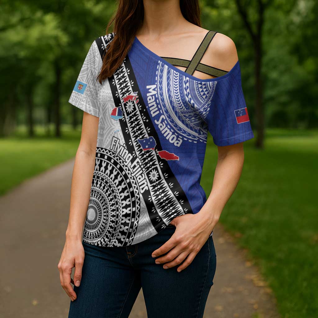 Fiji an Samoa Rugby Custom Cross Shoulder Shirt Flying Fijians Manu Samoa Together Pacific - Polynesian Pride