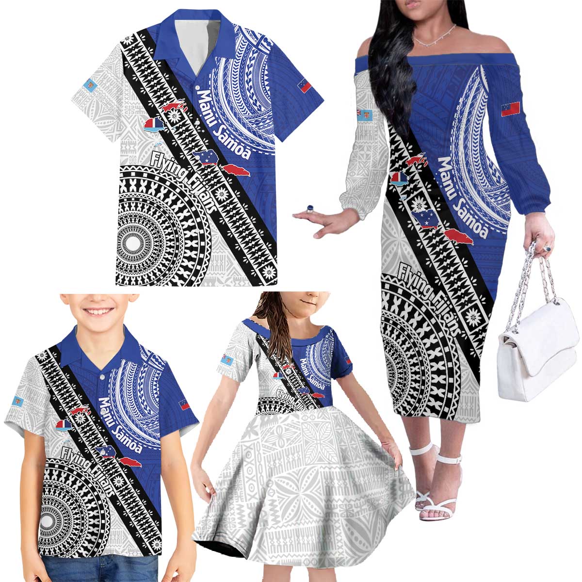 Fiji an Samoa Rugby Custom Family Matching Off The Shoulder Long Sleeve Dress and Hawaiian Shirt Flying Fijians Manu Samoa Together Pacific - Polynesian Pride