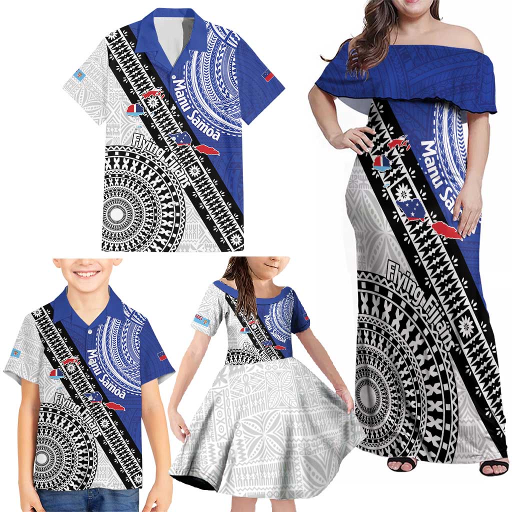 Fiji an Samoa Rugby Custom Family Matching Off Shoulder Maxi Dress and Hawaiian Shirt Flying Fijians Manu Samoa Together Pacific - Polynesian Pride
