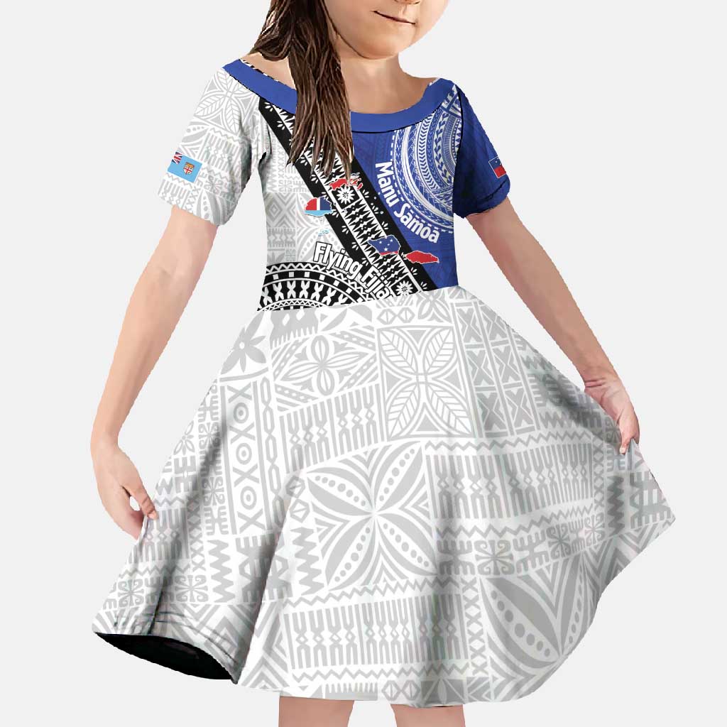 Fiji an Samoa Rugby Custom Family Matching Short Sleeve Bodycon Dress and Hawaiian Shirt Flying Fijians Manu Samoa Together Pacific - Polynesian Pride
