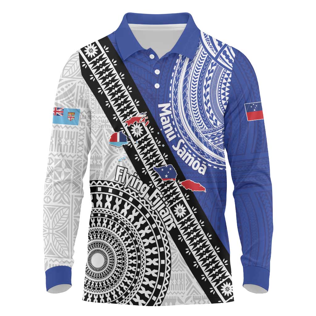 Fiji an Samoa Rugby Custom Long Sleeve Polo Shirt Flying Fijians Manu Samoa Together Pacific - Polynesian Pride