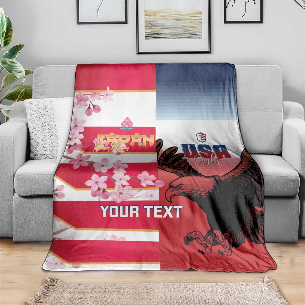 USA and Japan Rugby Custom Blanket Eagles Brave Blossoms Together Pacific - Polynesian Pride