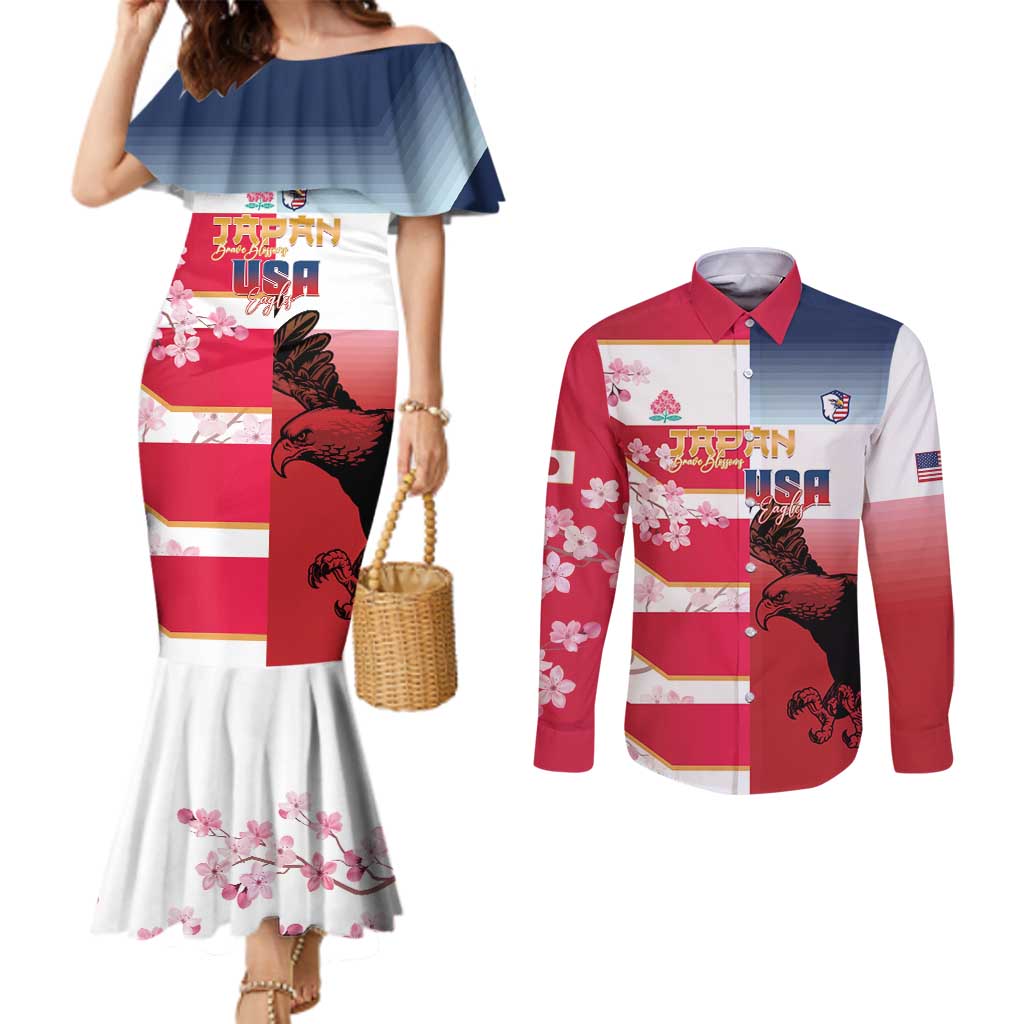 USA and Japan Rugby Custom Couples Matching Mermaid Dress and Long Sleeve Button Shirt Eagles Brave Blossoms Together Pacific LT14 Red - Polynesian Pride